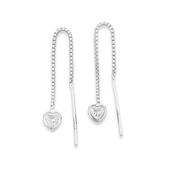 Sterling Silver CZ Heart Thread Earrings