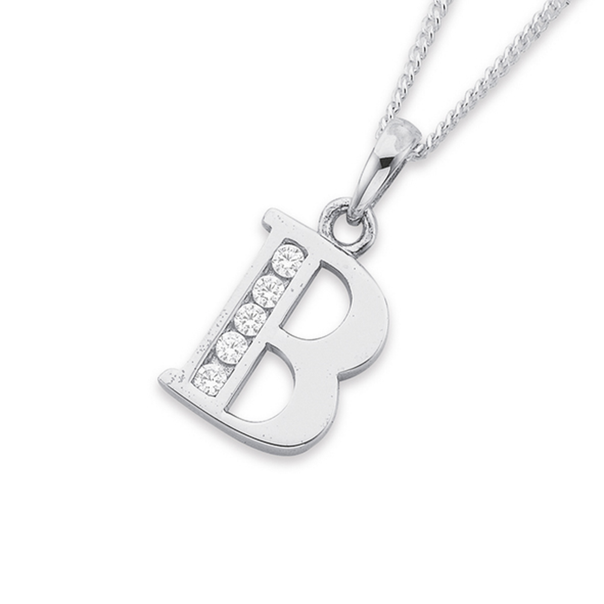 Sterling Silver CZ Initial B Letter Pendant