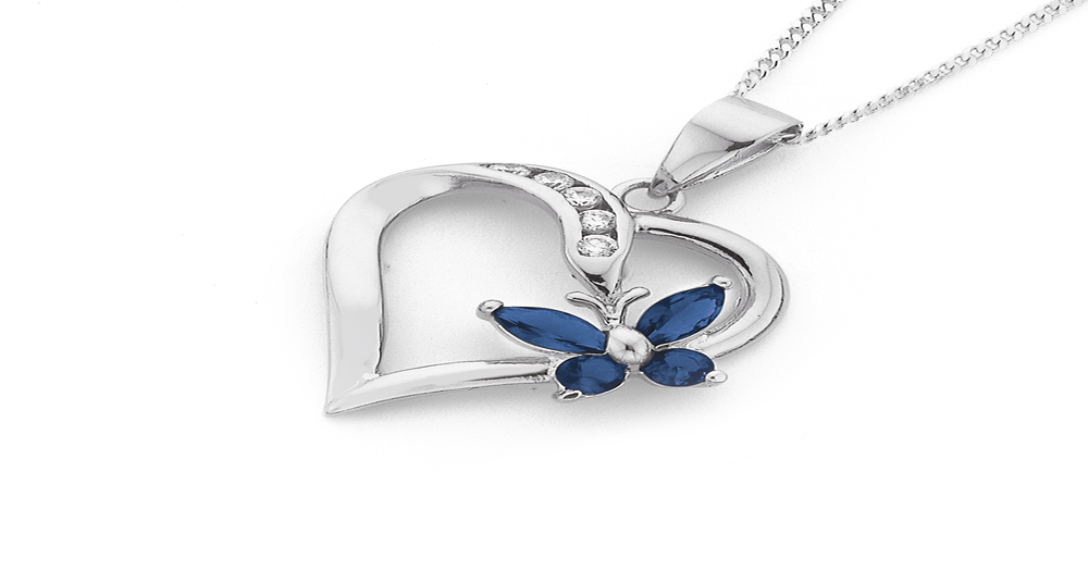 Sterling Silver Dark Blue Cubic Zirconia Butterfly Heart Pendant in