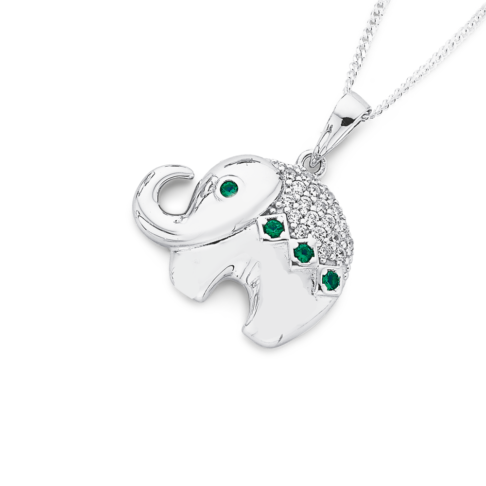 Sterling Silver Dark Green Cz Elephant Pendant in Green | Prouds