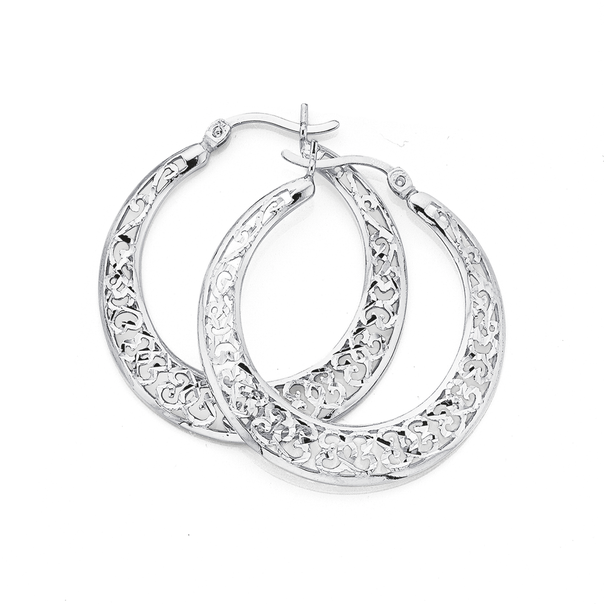 Sterling Silver Diamond-Cut Hearts Tapered Hoop Earrings