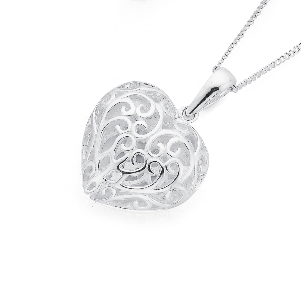 Silver puffed heart shop necklace