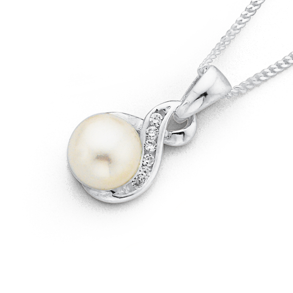 Sterling Silver Freshwater Pearl & Cubic Zirconia Crossover Pendant