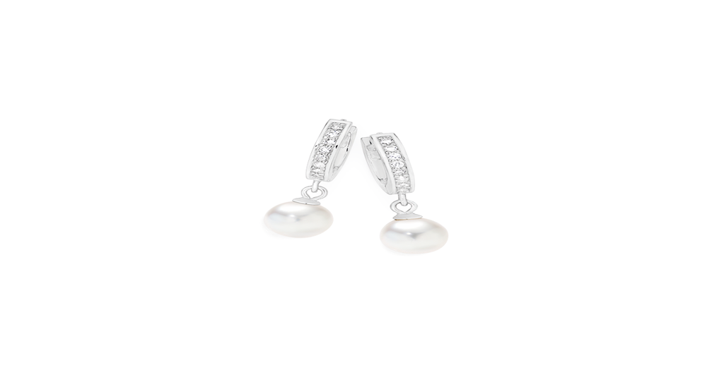 Sterling Silver Freshwater Pearl &cubic Zirconia Hoop Earrings in White
