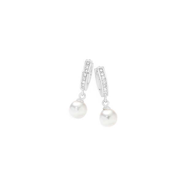 Sterling Silver Freshwater Pearl &Cubic Zirconia Hoop Earrings