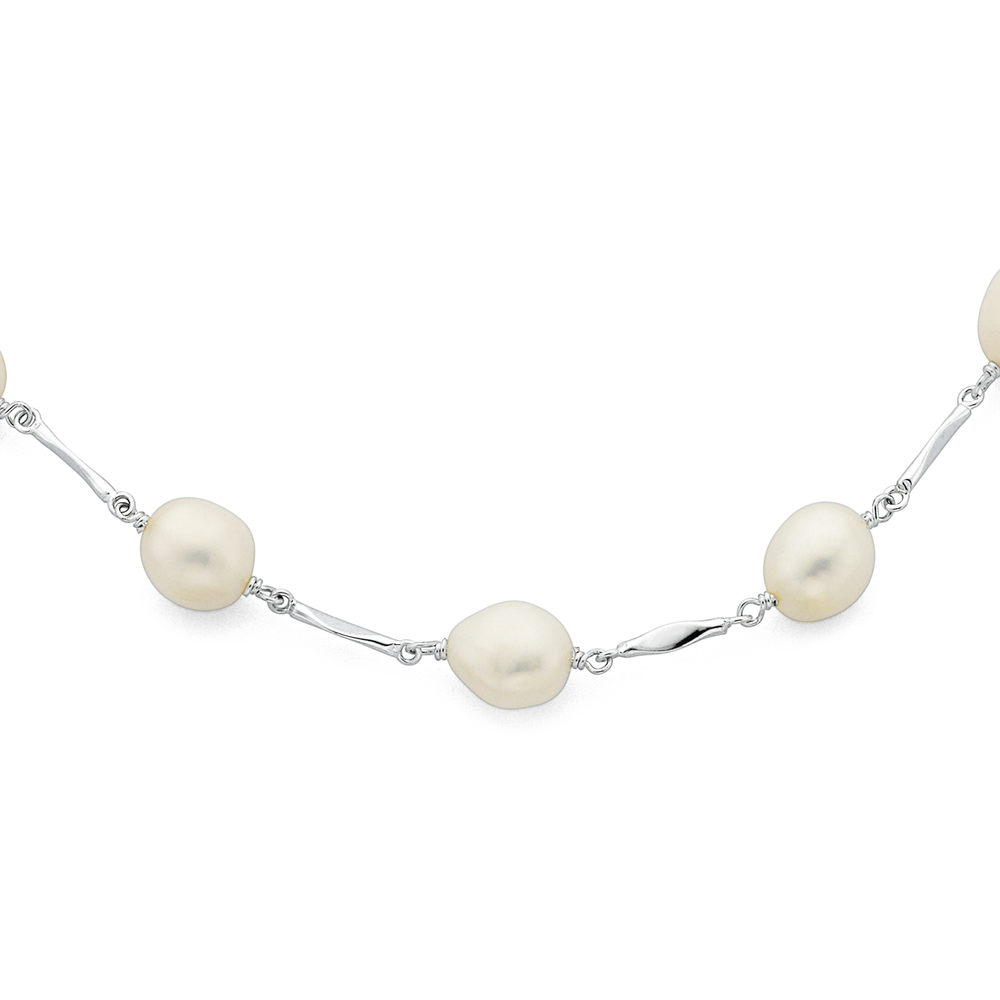 Sterling Silver Freshwater Pearl Twist Bar Necklace in White Prouds