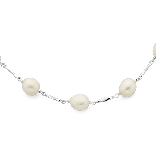 Sterling Silver Freshwater Pearl Twist Bar Necklace in White | Prouds