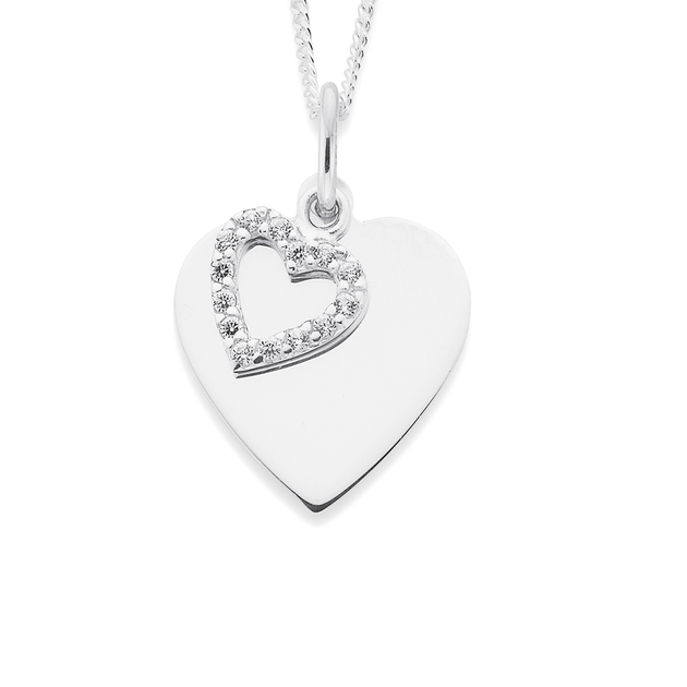 Sterling Silver Heart Disc And Cubic Zirconia Heart Pendant in White ...