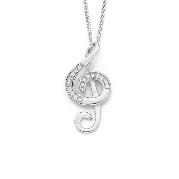Sterling Silver Large Cubic Zirconia Treble Clef Pendant