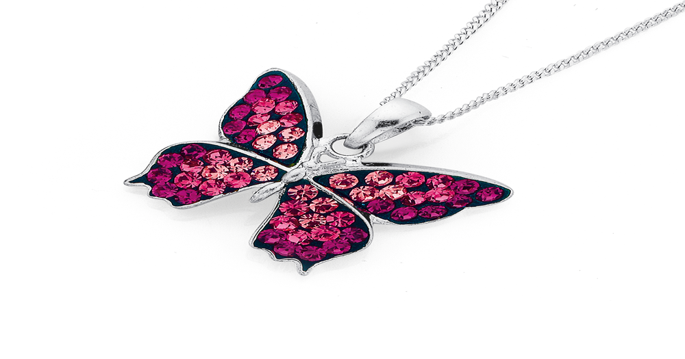 Sterling Silver Multi Pink Crystal Butterfly Pendant in Pink Prouds