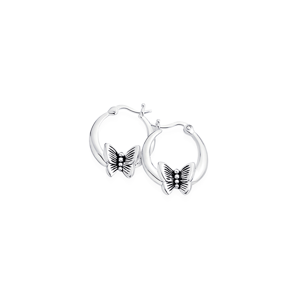 Sterling Silver Oxidised Butterfly Hoop Earrings