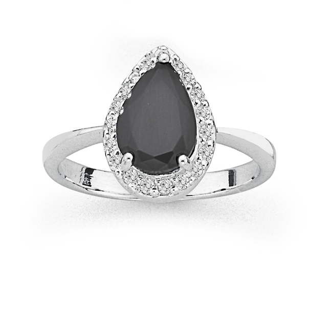 Sterling Silver Pear Black Cubic Zirconia Cluster Ring