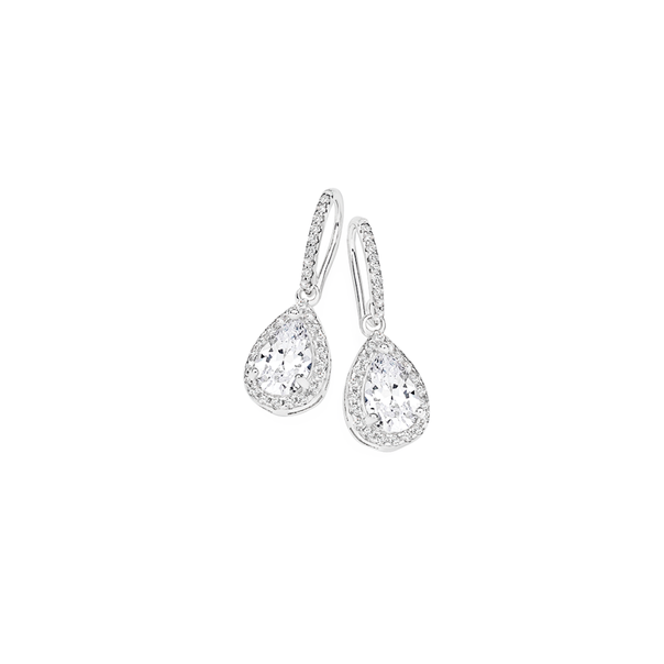 Sterling Silver Pear CZ Cluster Hook Drop Earrings
