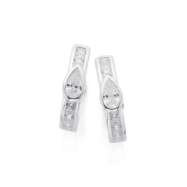 Sterling Silver Pear CZ Huggie Earrings