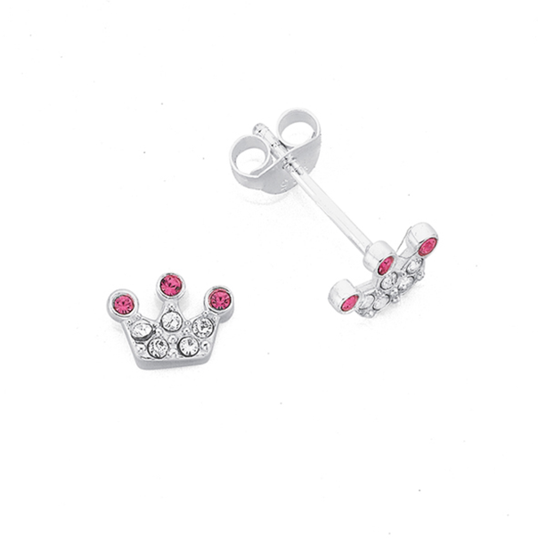 Sterling Silver Pink Crystal Princess Crown Earrings