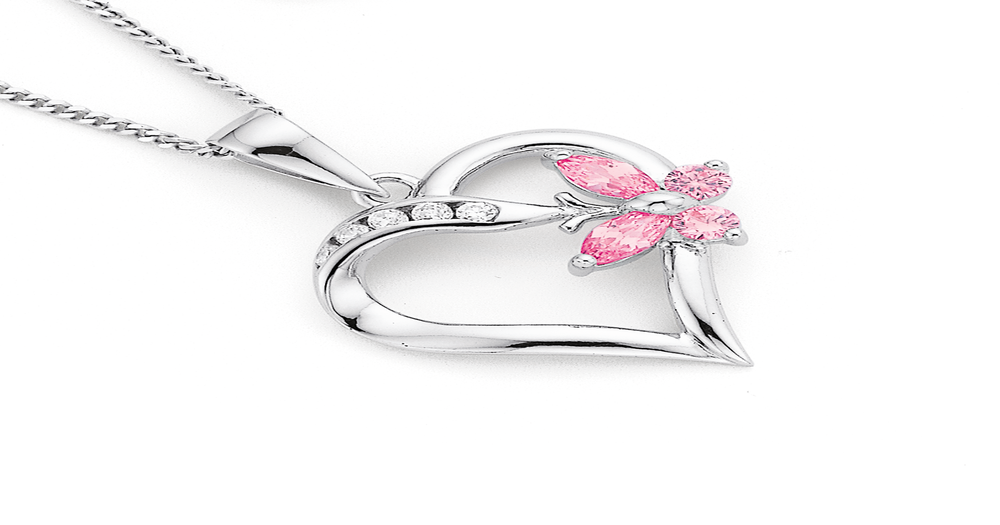 Sterling Silver Pink Cubic Zirconia Butterfly Heart Pendant in Pink