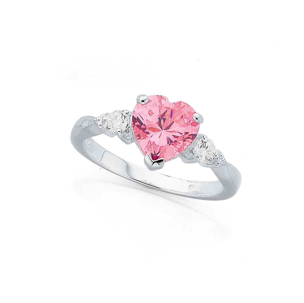 Sterling Silver Pink Cubic Zirconia Heart Dress Ring in Pink