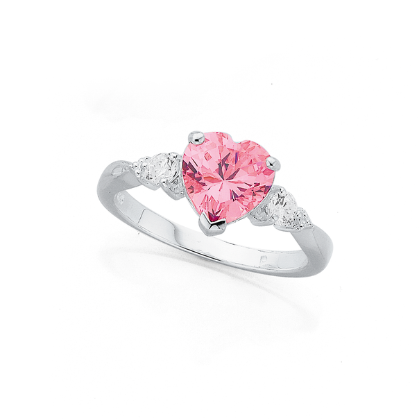 Sterling Silver Pink Cubic Zirconia Heart Dress Ring