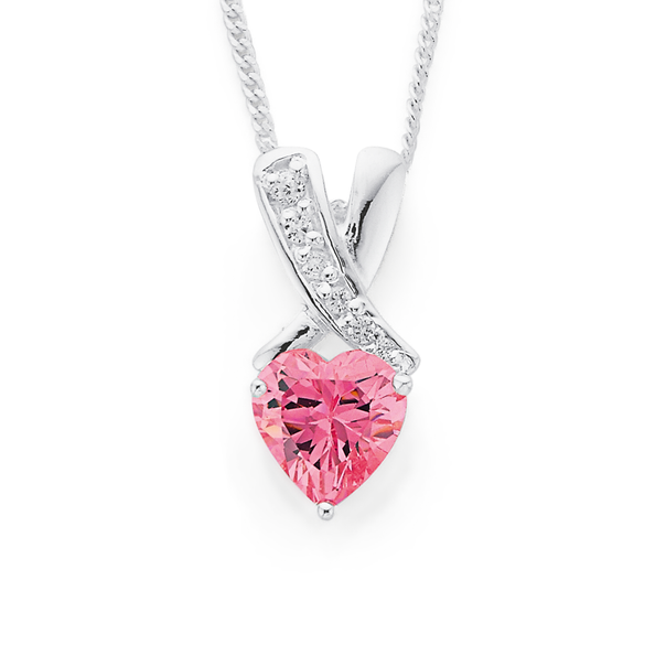 Sterling Silver Pink CZ Heart on CZ Kiss Pendant
