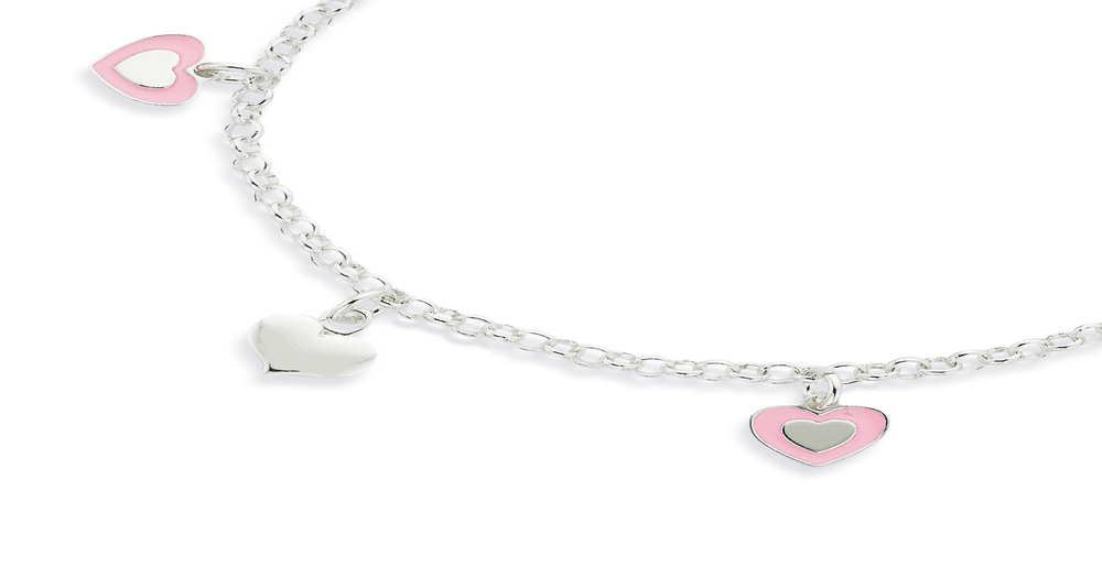 Sterling Silver Pink Enamel Heart Charm Bracelet Prouds