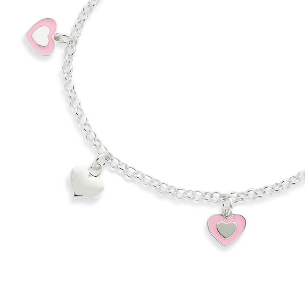 Sterling Silver Pink Enamel Heart Charm Bracelet
