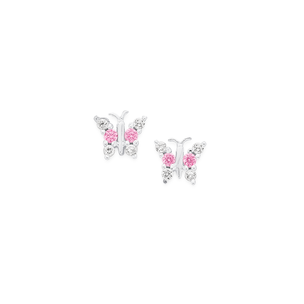Sterling Silver Pink White Cubic Zirconia Butterfly Studs in