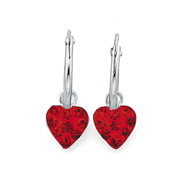 Sterling Silver Red Crystal Heart Hoop Earrings