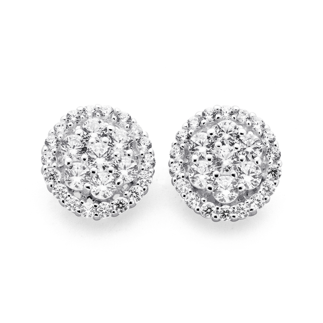 Sterling Silver Round Cubic Zirconia Cluster Stud Earrings in White ...