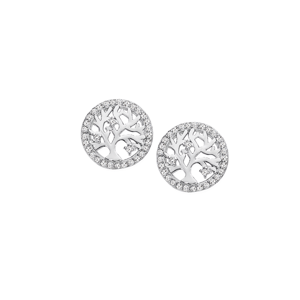 Sterling Silver Round Cubic Zirconia Tree Of Life Stud Earrings