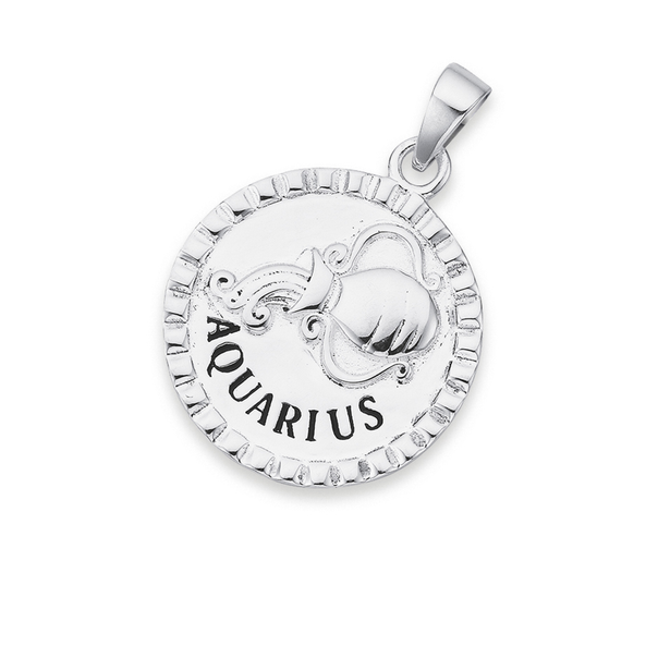 Sterling Silver Round Fancy Edge Zodiac Aquarius Pendant