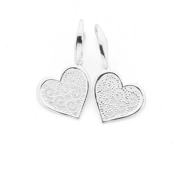 Sterling Silver Scroll Filigree Flat Heart Drop Earrings