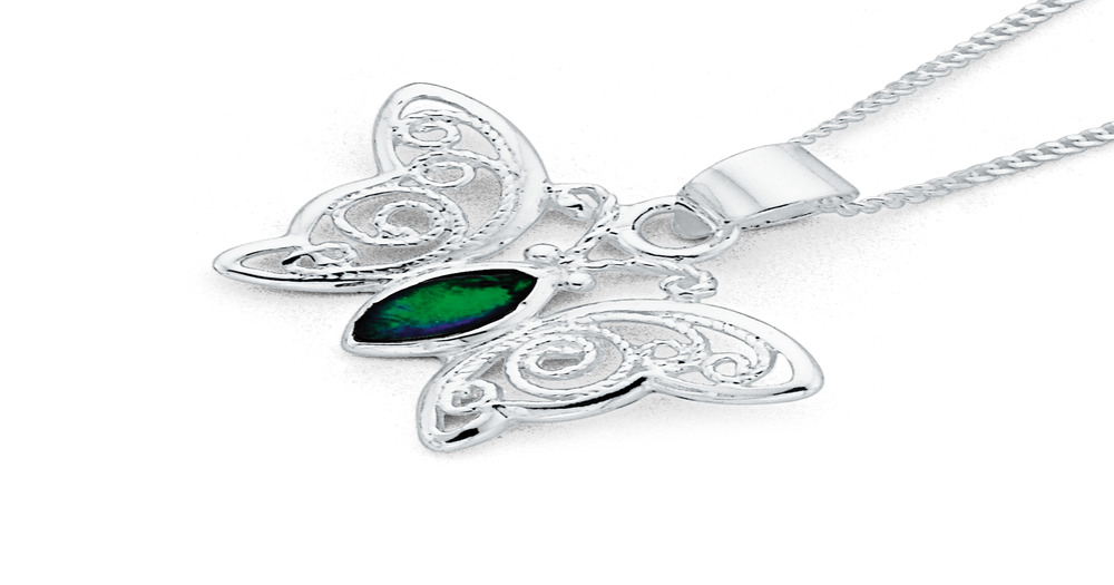 Sterling Silver Simulated Opal Butterfly Pendant in Green Prouds