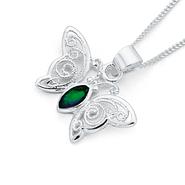 Sterling Silver Simulated Opal Butterfly  Pendant