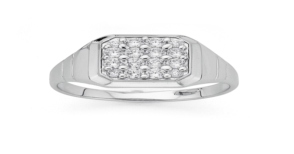 Sterling Silver Square Cubic Zirconia Gents Ring in White | Prouds