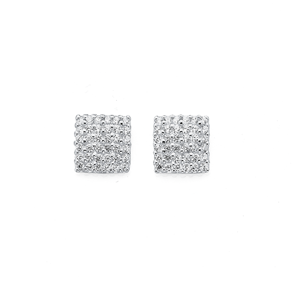 Sterling Silver Square Pave Cubic Zirconia Studs