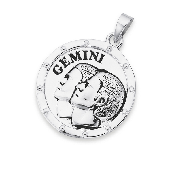Sterling Silver Stud Edge Round Zodiac Gemini Pendant