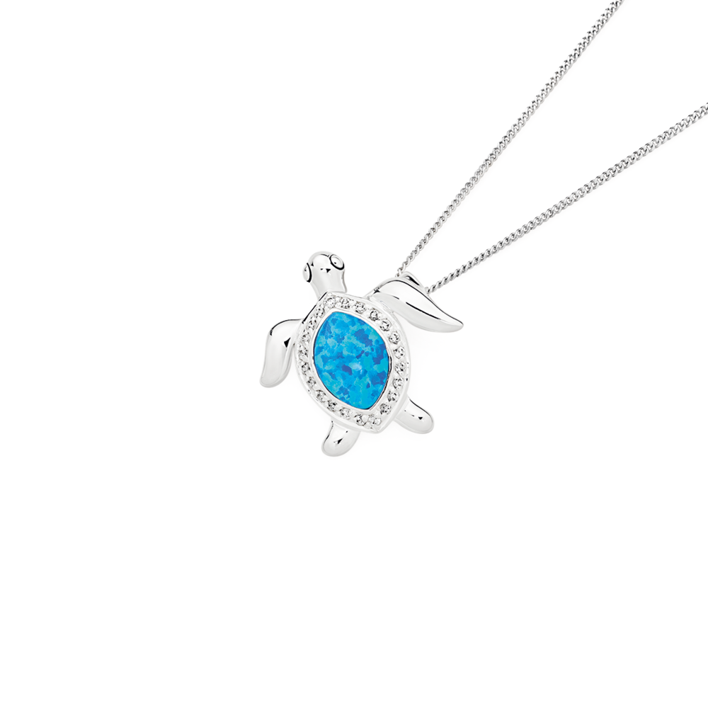 Sterling Silver Synthetic Opal And Cubic Zirconia Turtle Pendant