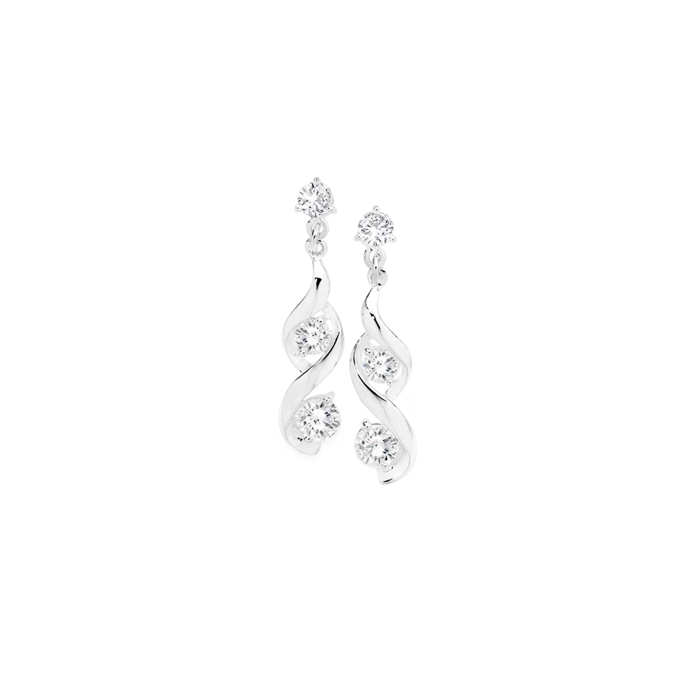 Sterling Silver Three Cubic Zirconia Twist Drop Earrings in White