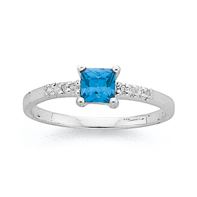 Sterling Silver Tween Square Blue Cubic Zirconia Ring in Blue | Prouds