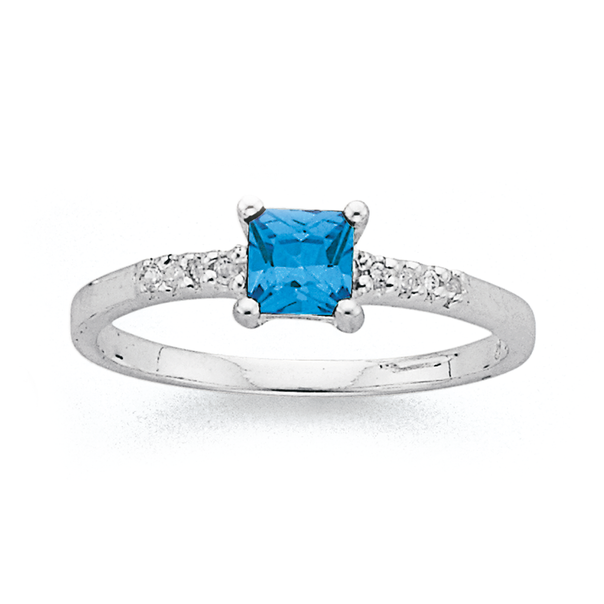Sterling Silver Tween Square Blue Cubic Zirconia Ring
