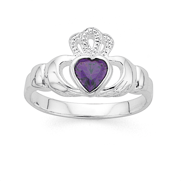Sterling Silver Violet Cubic Zirconia Claddagh Ring