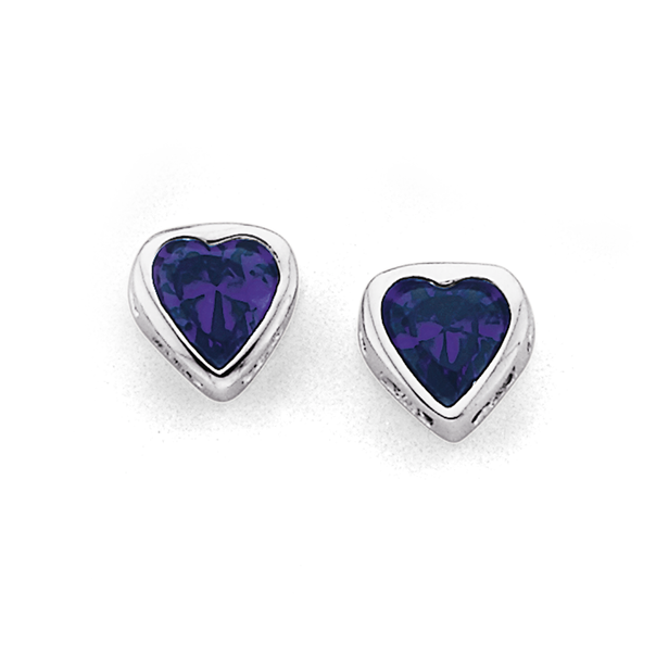 Sterling Silver Violet Cubic Zirconia Heart Studs