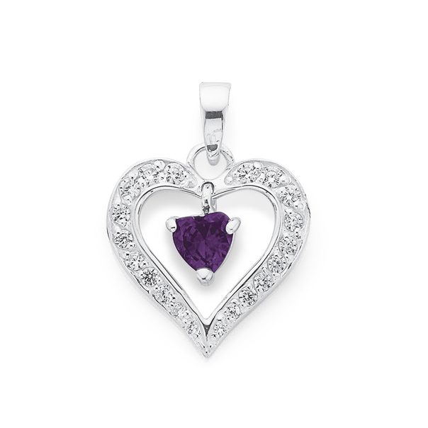 Sterling Silver Violet CZ Heart Pendant